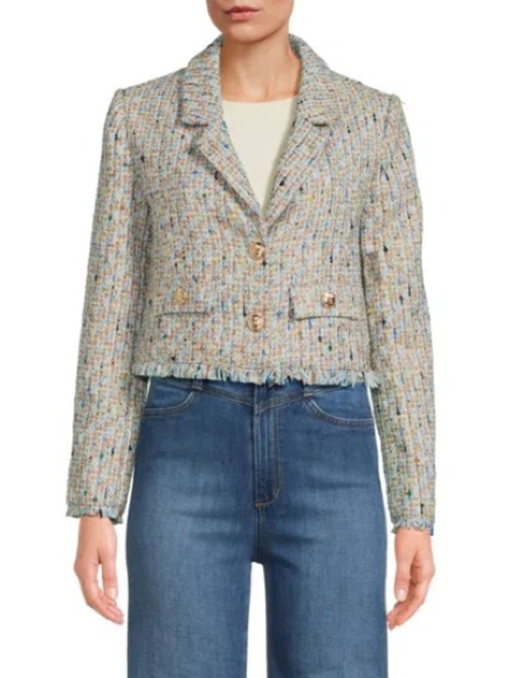 Walter Baker Lyona Cropped Tweed Jacket in Light Blue & Gold, Multicolor - Women